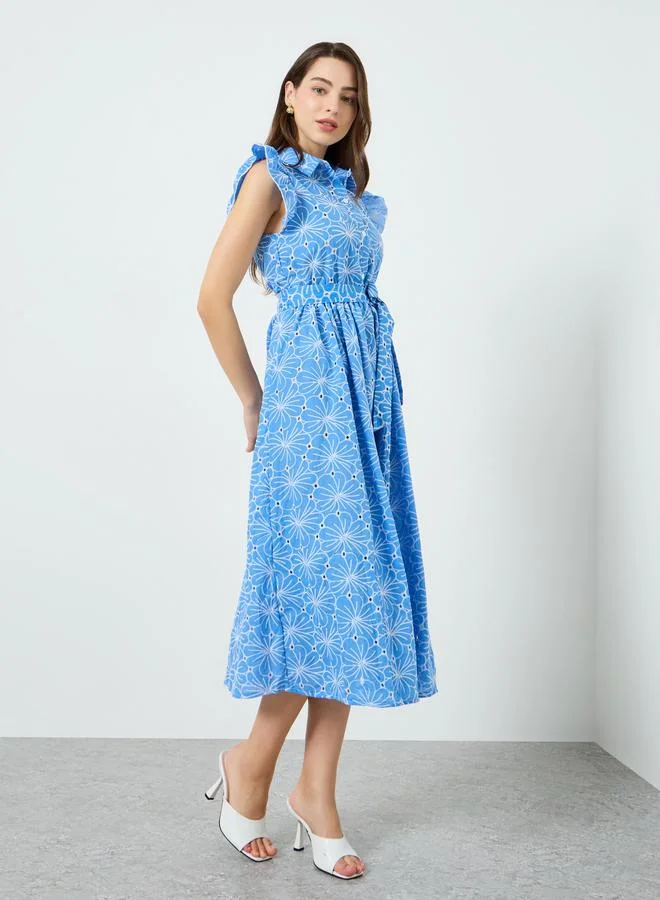 Take Two Women Blue Floral Printed Frill Sleeve Midi Dress